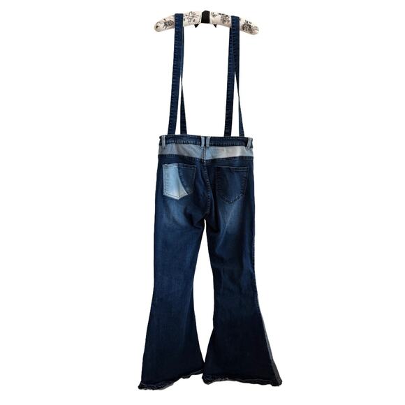 American Bazi Multi Blue Patchwork Denim Bell Bottoms Suspenders Boho Hippie L - Picture 3 of 8